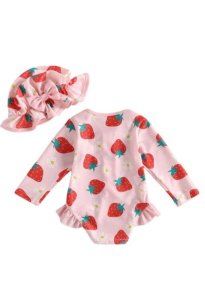 Petityu Pink Strawberry Print Easy to Wear Cute Cap Swimwear Set