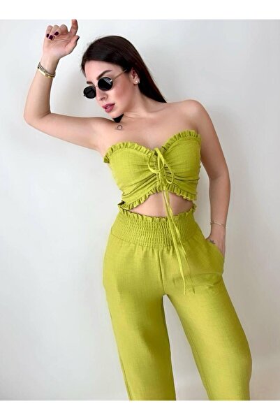 twomeey Γυναικείο λινό ύφασμα Gipeli Crop και παντελόνι σετ δύο τεμαχίων (πολ...