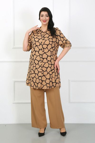 By Alba Collection Women's Tan Patterned Cotton Viscose Large Size Tunic