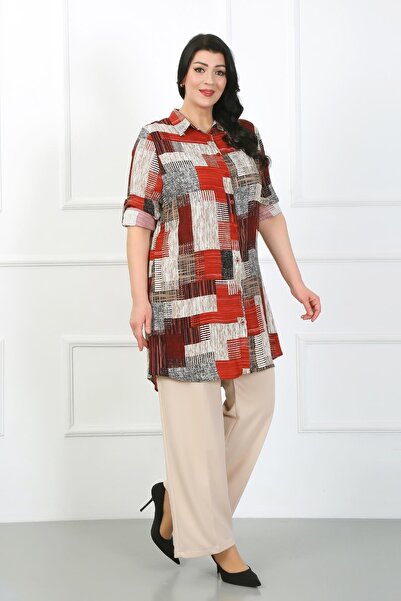 By Alba Collection Women's Burgundy Patterned Cotton Viscose Large Size Tunic