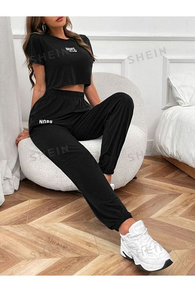 AMMA Unisex Nope Printed Bottom Top T-shirt Sweatpants Set Set