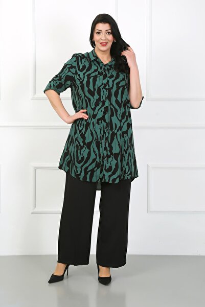 By Alba Collection Women's Khaki Patterned Cotton Viscose Large Size Tunic