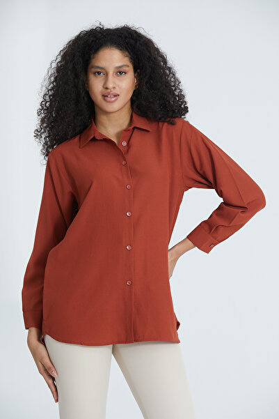 DEFES Women's Tile Long Sleeve Shirt Collar Crepe Woven Basic Oversize Shirt
