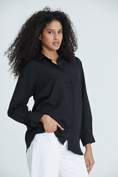 DEFES Kadın Siyah Gömlek Yaka Uzun Kol Basic Oversize Gömlek