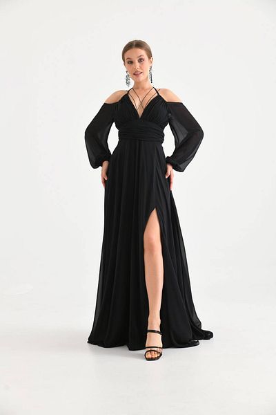 Neşeli Butik γυναικείο μαύρο βραδινό φόρεμα σιφόν με λεπτομέρεια σχισμής NBSWLL13