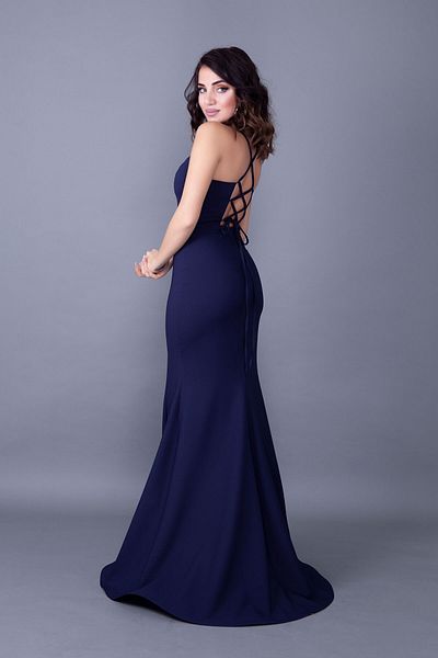 Bidoluelbise Navy Blue Back Rope Tied Fish Model Evening Dress