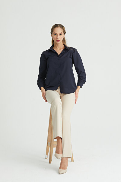 DEFES قميص نسائي أزرق داكن داكن بأكمام طويلة وطية صدر السترة من القطن الأساسي...