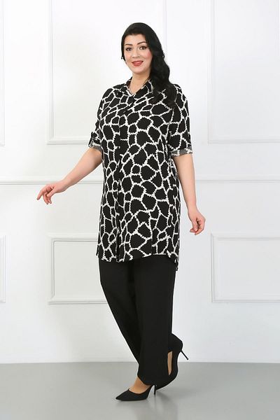 By Alba Collection Women's Black Patterned Cotton Viscose Large Size Tunic