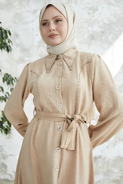 InStyle Beaded Buttoned Linen Dress - Beige