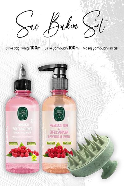 Eyüp Sabri Tuncer Green Raspberry Vinegar Hair Tonic - 100 ml x 2 Pieces and Massage Shampoo Brush