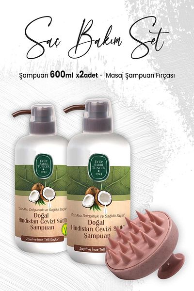 Eyüp Sabri Tuncer Pink Natural Coconut Shampoo - 600 ml x 2 Pieces and Massage Shampoo Brush