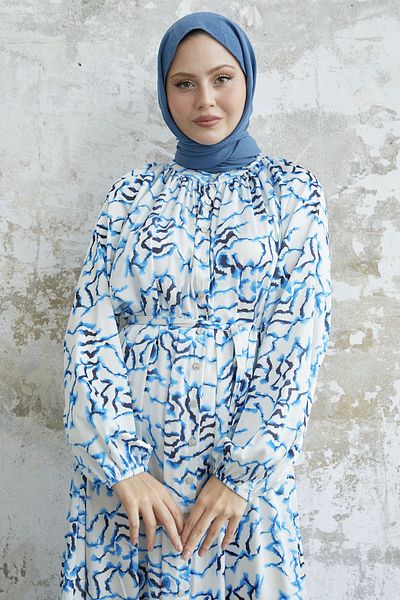 InStyle Rochie cu Volane din Satin cu fustă - Albastru