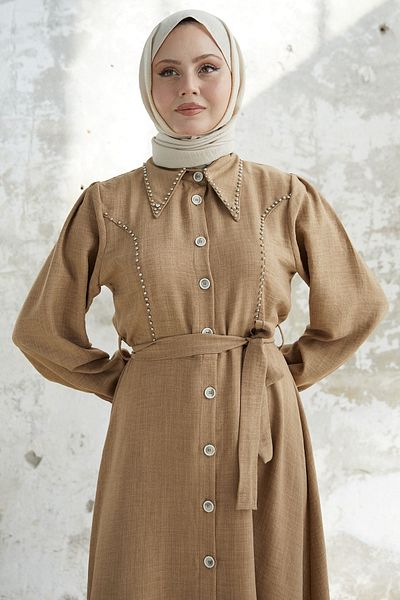 InStyle Beaded Buttoned Linen Dress - Milk Brown