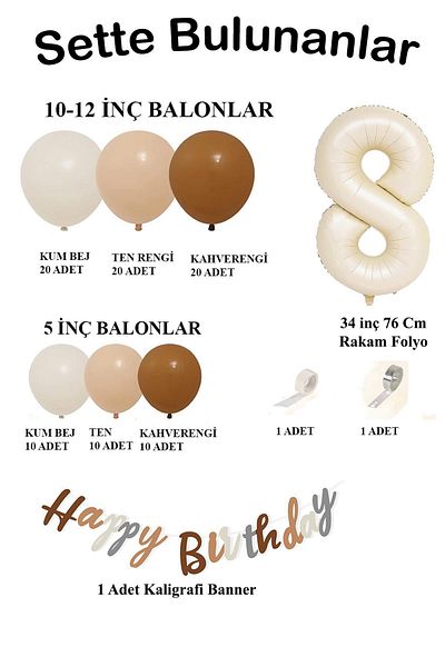 Patladı Gitti Retro Colors Big Balloon Chain and 8 Year Old Birthday Set