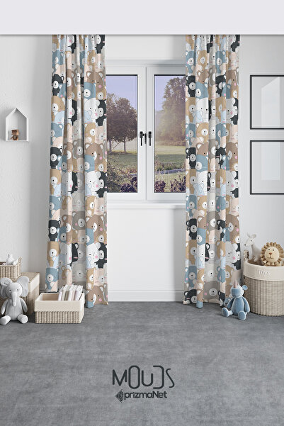 Moud's Tatlı Ayıcıklar Desenli Fon Perde Çocuk ve Bebek Odası Süet Baskılı Ek...