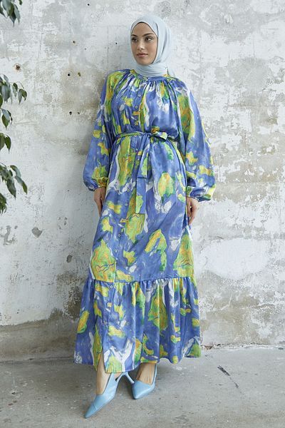 InStyle Marbled Pattern Belted Satin Dress - Indigo