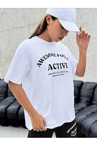 GYES Women's White T-shirt & Black Tights Set ACTIVE Printed