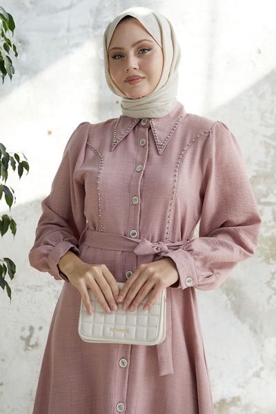 InStyle Beaded Buttoned Linen Dress - Powder