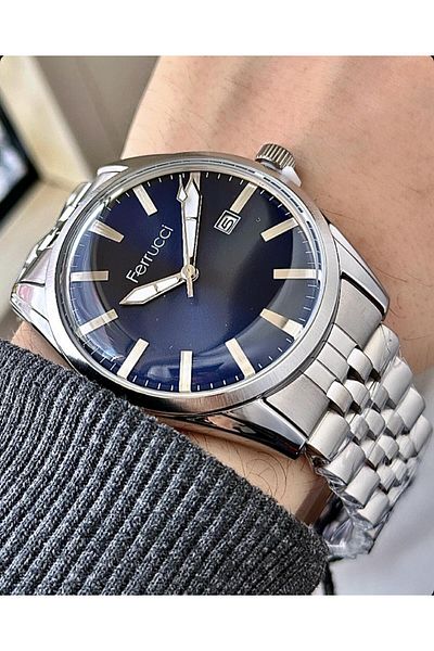 Ferrucci Men's Silver Black Classic Calendar Wristwatch - Link Metal Cord, Numberless Dial