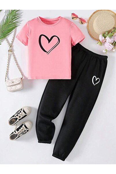 MORNİNG KİDS Set tricou-pantaloni de sport cu imprimeu inimă neagră roz pentru fetiță