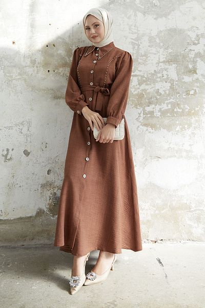 InStyle Beaded Buttoned Linen Dress - Bitter Brown