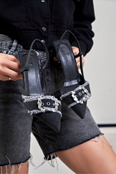 NİŞANTAŞI SHOES Evan Anthracite Denim Belt Detail Women's Heeled Shoes