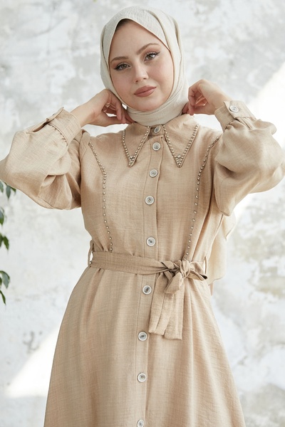 InStyle Beaded Buttoned Linen Dress - Beige