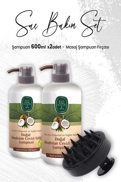 Eyüp Sabri Tuncer Black Natural Coconut Shampoo - 600 ml x 2 Massage Brushes