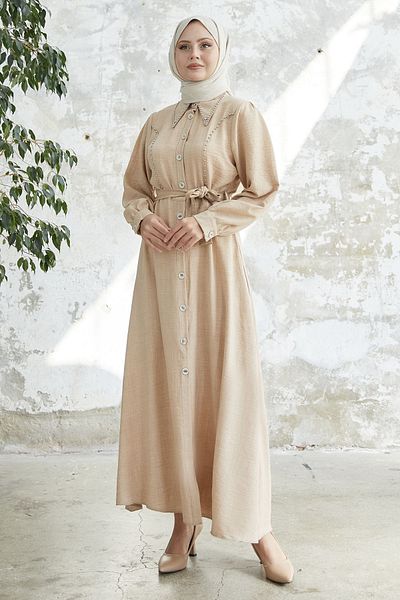 InStyle Beaded Buttoned Linen Dress - Beige