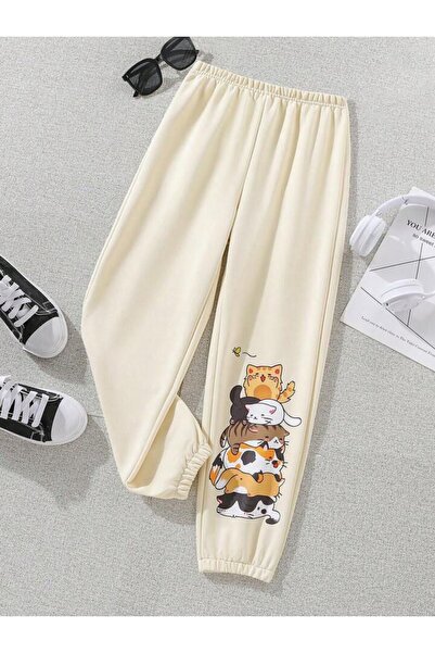 MORNİNG KİDS KIZ- Erkek Bej Yaramaz Kediler Baskılı Yazlık Eşofman Altı