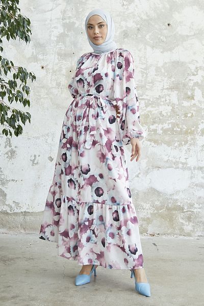 InStyle Floral Σατέν Φόρεμα με Κουμπιά - Πούδρα
