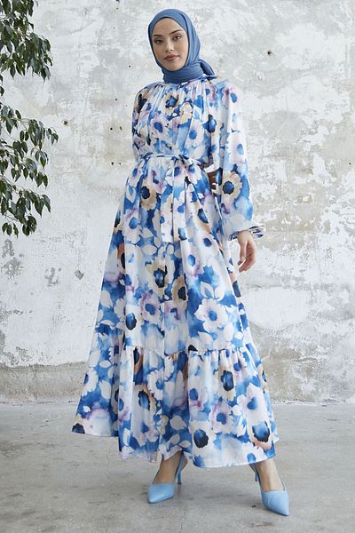 InStyle Σατέν Φόρεμα με φλοράλ κουμπιά - Indigo