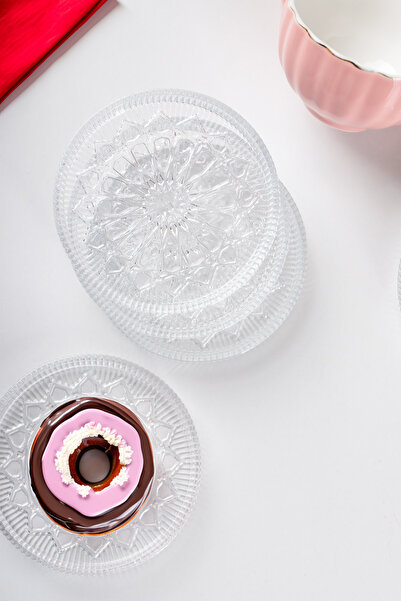 teknotrust 6 Pieces Dream Patterned Upright Plate - 6-Piece Glass Presentation Dish Cake Cookie Cake Treat Serving Plate - 12 Cm Cl