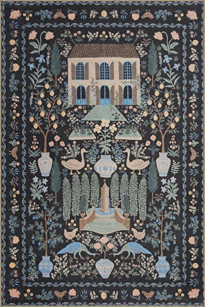 Rugs Modern Halı Siyah Temalı Çok Renkli Floral Çiçek ve Ev Desenli Vintage D...