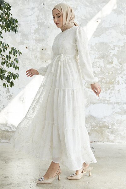 InStyle Flower Pattern Embroidered Chiffon Dress - White