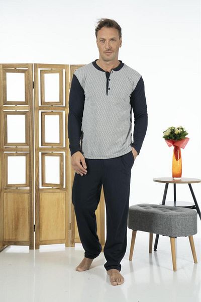 Estiva Men's Top Buttoned Long Sleeve Summer Combed Cotton Pajama Set