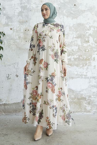 InStyle Rochie din Sifon Floral cu Guler din Dantela - Crem