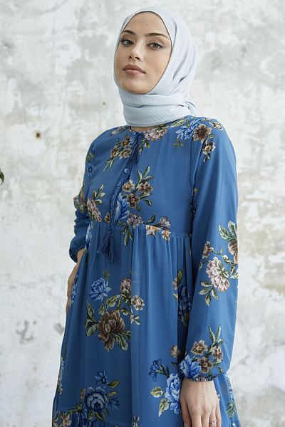 InStyle Φόρεμα φλοράλ σιφόν με γιακά με κορδόνια - Indigo