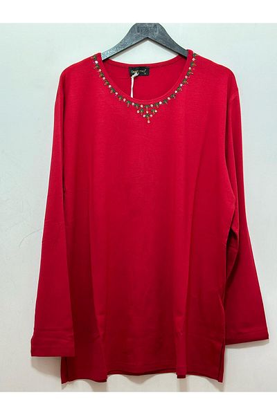 Desen Triko Crew Neck Embroidery Detail Long Sleeve Blouse