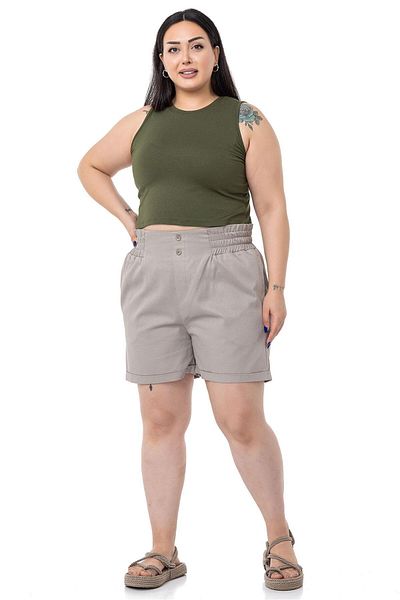 DISENTIS MODEST Plus Size Gabardine Stone Color Shorts with Elastic Waist and Back and Fold Detail