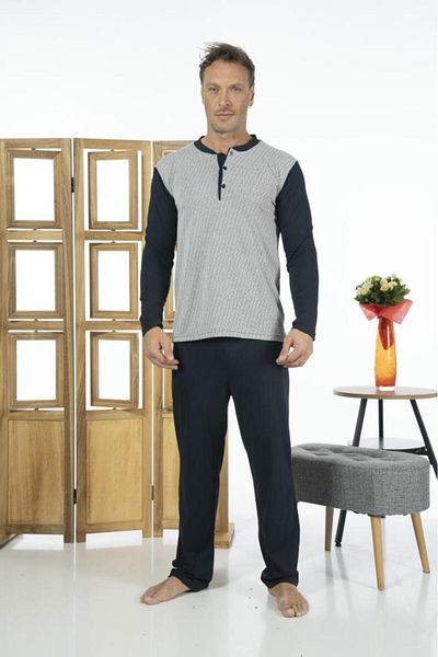 Estiva Men's Top Buttoned Long Sleeve Summer Combed Cotton Pajama Set