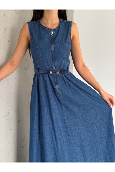 efstyle önü fermuarlı kolsuz eteği asimetrik denim elbise