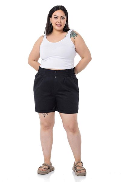 DISENTIS MODEST Plus Size Gabardine Black Shorts with Side and Back Elastic Waist and Fold Detail