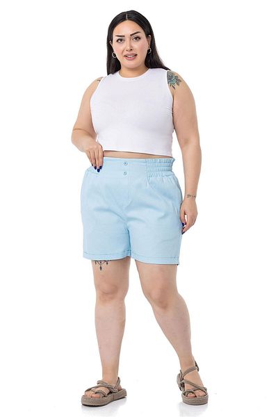 DISENTIS MODEST Plus Size Gabardine Baby Blue Shorts with Elastic Waist, Side and Back and Fold Detail