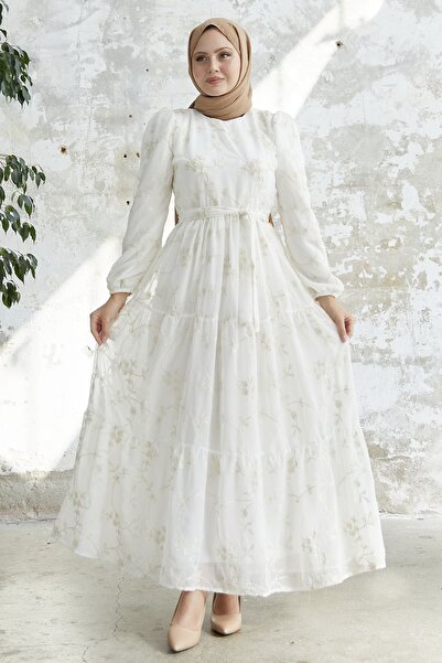 InStyle Embroidered Ruffle Chiffon Dress - White