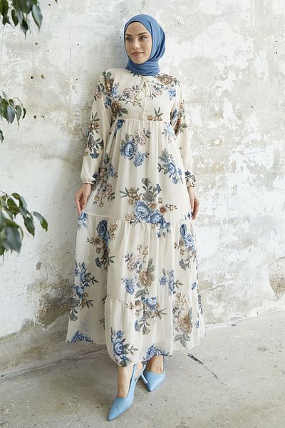 InStyle Rochie din Sifon Floral cu Guler din Dantela - Albastru