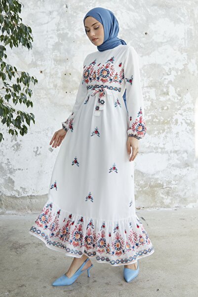 InStyle Nakışlı Eteği Fırfır Şifon Elbise - Beyaz