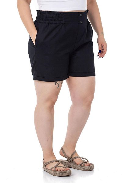 DISENTIS MODEST Plus Size Gabardine Black Shorts with Side and Back Elastic Waist and Fold Detail