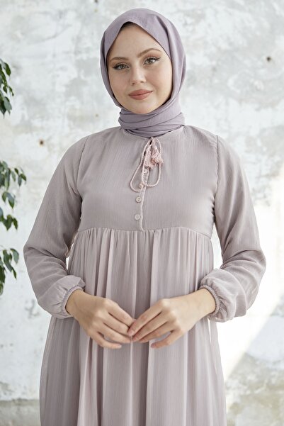 InStyle Yakası Bağcıklı Yoryo Şifon Elbise - Pudra