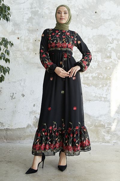 InStyle Belted Ruffle Detail Embroidered Chiffon Dress - Black